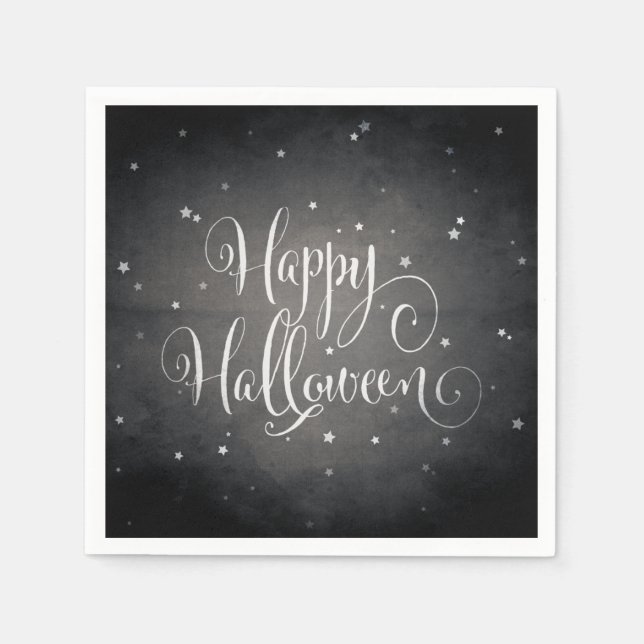 Vintage Black + White Stars Gothic Happy Halloween Napkin (Front)