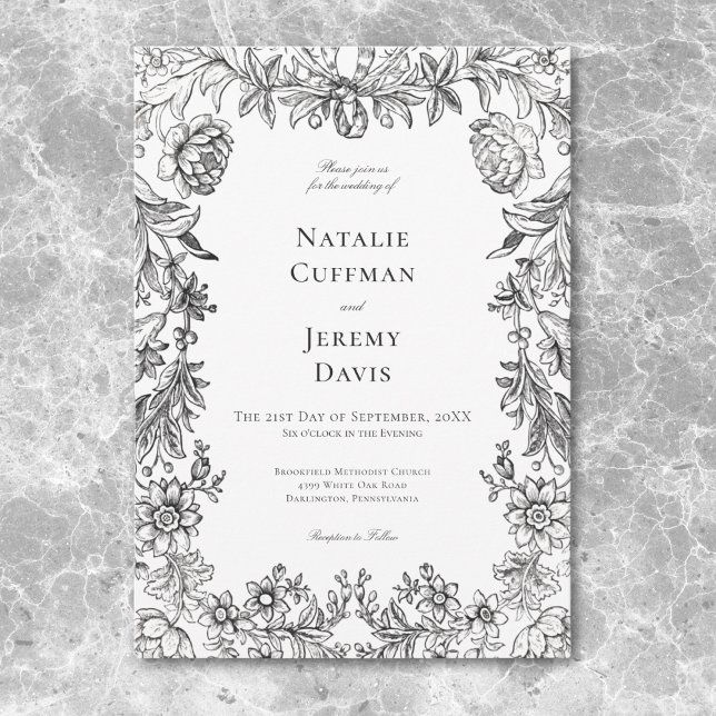Vintage Black & White Tapestry Floral Wedding Invitation (Vintage Black & White Tapestry Floral Wedding Invitation)