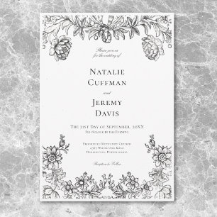 Vintage Black & White Tapestry Floral Wedding Invitation