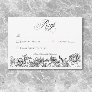 Vintage Black & White Tapestry Floral Wedding RSVP Card