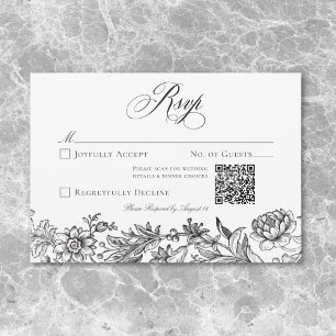 Vintage Black & White Tapestry Floral Wedding RSVP Card