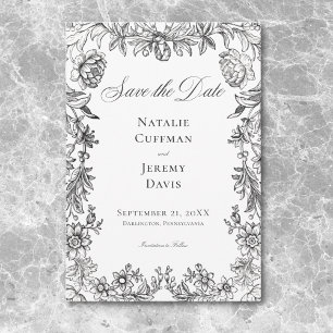Vintage Black & White Tapestry Floral Wedding Save The Date