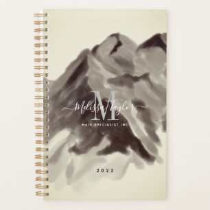 Vintage Black White Watercolor Mountains Script Planner