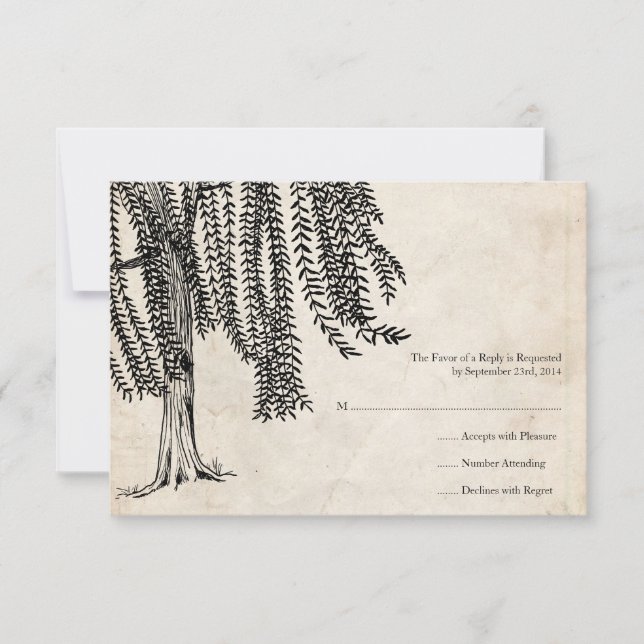 Vintage Black Willow Tree Wedding RSVP Card (Front)
