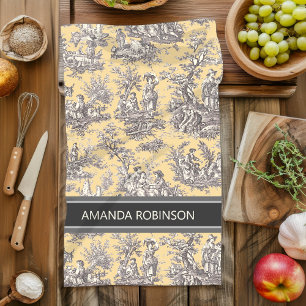 Vintage Black Yellow French Country Toile de Jouy Tea Towel