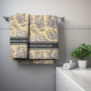 Vintage Black Yellow French Toile de Jouy Bath Towel Set