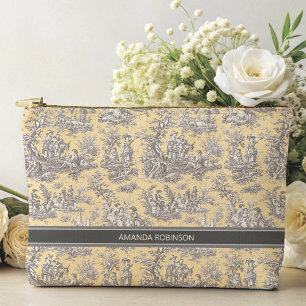 Vintage black yellow toile de jouy printed accessory pouch