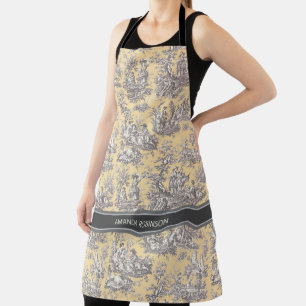 Vintage black yellow toile de jouy printed apron