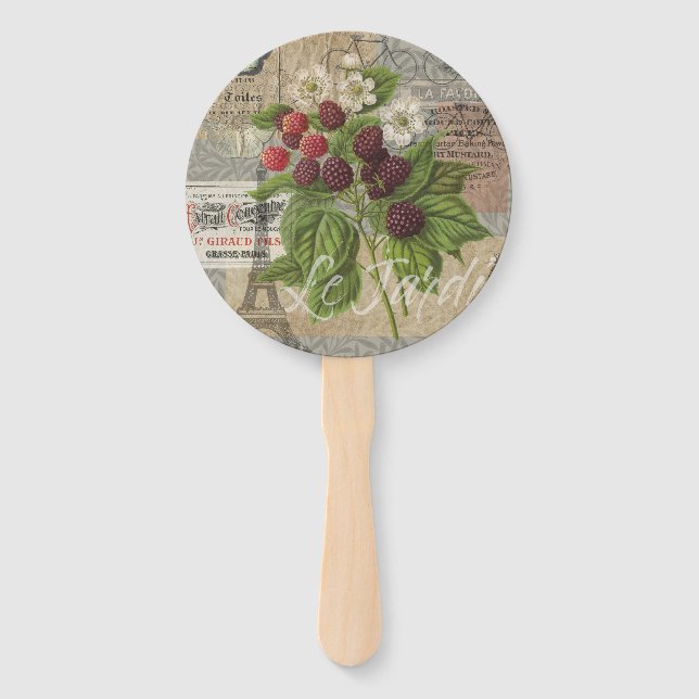 Vintage Blackberries & French Ephemera Art Collage Hand Fan (Front)