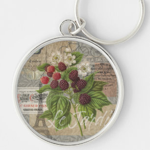 Vintage Blackberries & French Ephemera Art Collage Key Ring