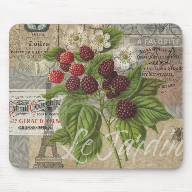 Vintage Blackberries & French Ephemera Art Collage Mouse Pad (Front)