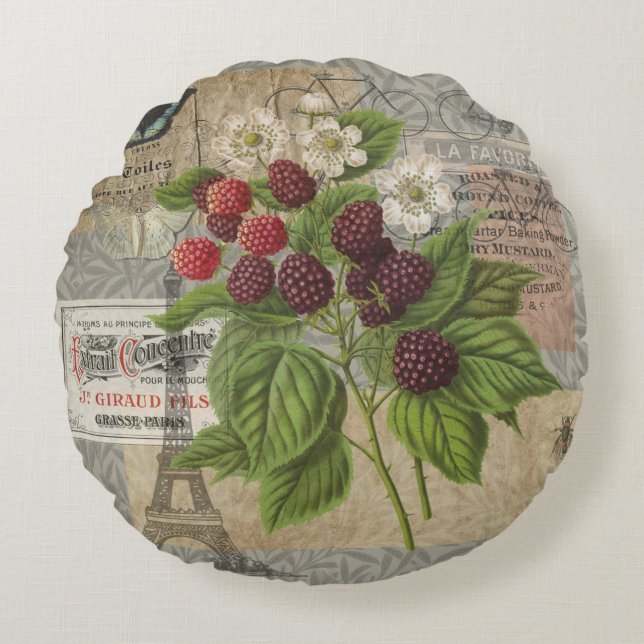 Vintage Blackberries & French Ephemera Art Collage Round Cushion (Front)