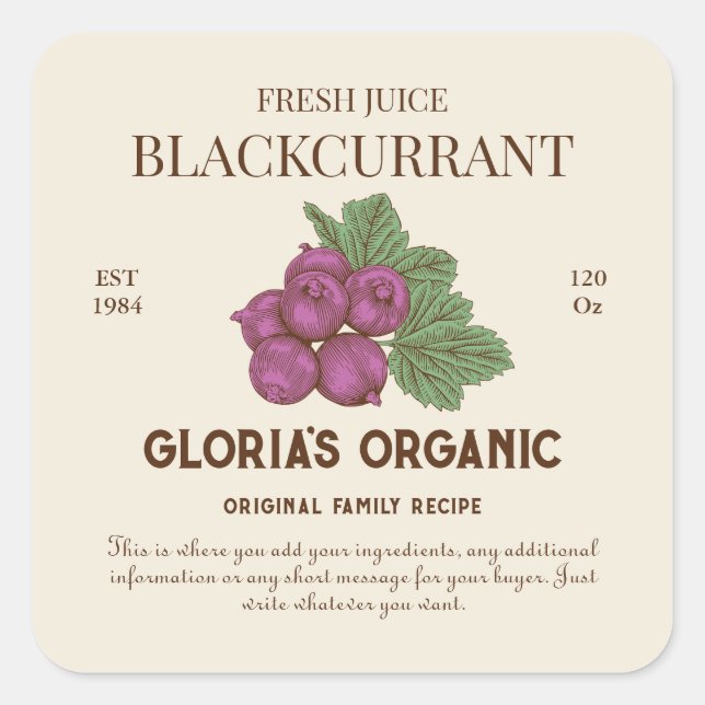 Vintage Blackcurrant Fruit Juice Product Label (Front)