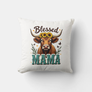 Vintage Blessed Mama Highland Cow Sunflower Wester Cushion