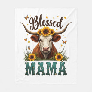 Vintage Blessed Mama Highland Cow Sunflower Wester Fleece Blanket
