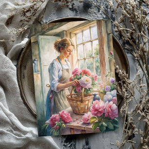 Vintage blonde woman arranged pink peonies tissue paper