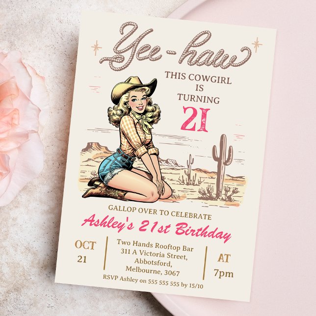 Vintage Blonde Yee-haw Cowgirl 21st Birthday Invitation (Blonde Cowgirl 21st Birthday Invitation Template, Any Age Cowgirl Themed Birthday Invitation Vintage)