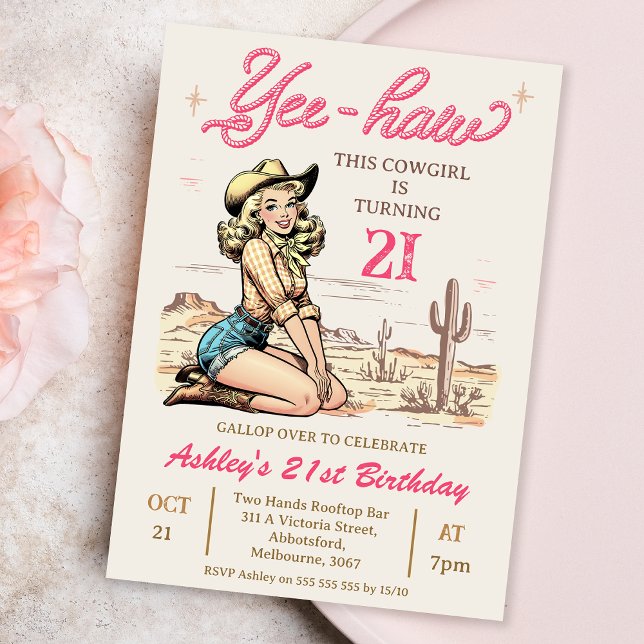 Vintage Blonde Yee-haw Cowgirl 21st Birthday Invitation (Blonde Cowgirl Birthday Invitation Template, Western Themed 21st Birthday Invitation, Any Age Invite)