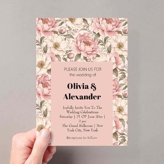 Vintage Blooming Peonies Pattern Acrylic Invitations (Insitu (Handheld))