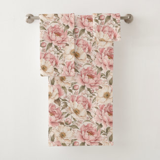 Vintage Blooming Peonies Pattern Bath Towel Set