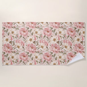 Vintage Blooming Peonies Pattern Beach Towel