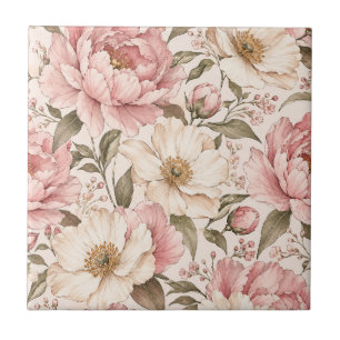 Vintage Blooming Peonies Pattern Ceramic Tile