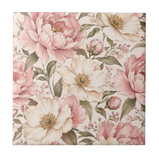 Vintage Blooming Peonies Pattern Ceramic Tile