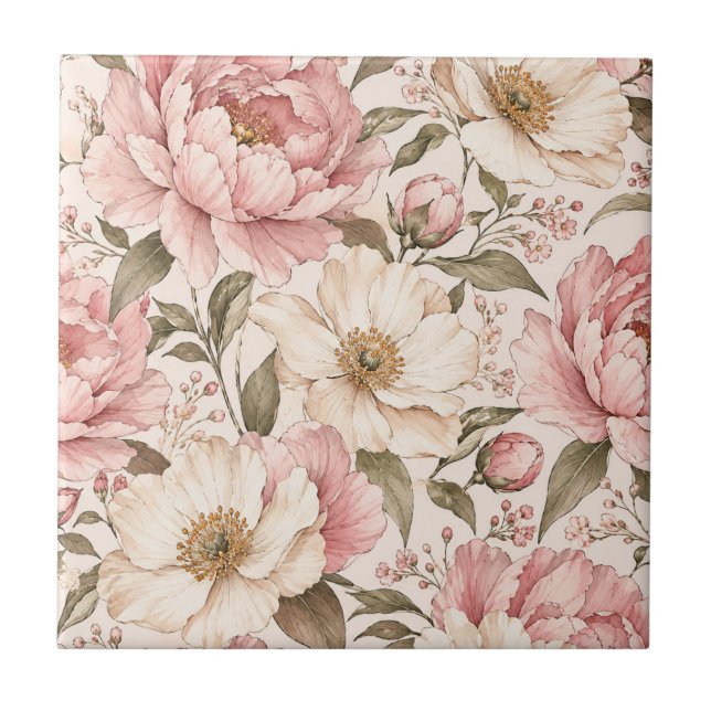 Vintage Blooming Peonies Pattern Ceramic Tile (Front)