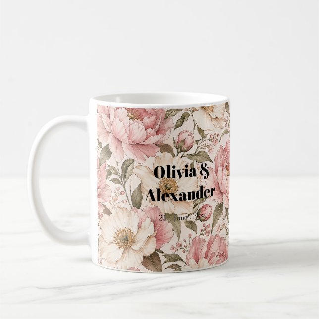Vintage Blooming Peonies Pattern Coffee Mug (Left)