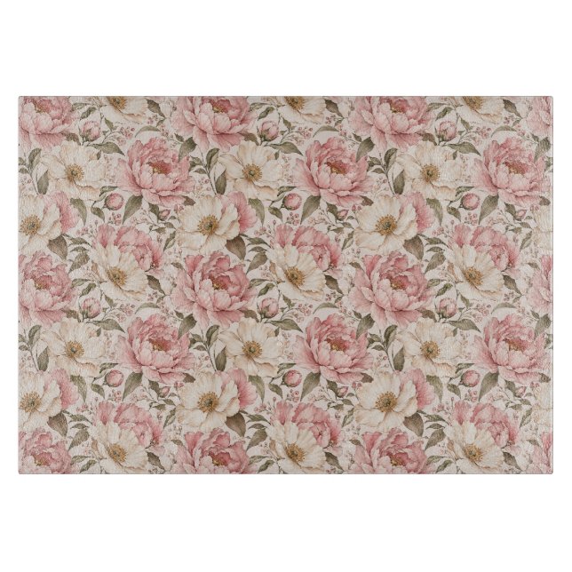 Vintage Blooming Peonies Pattern Cutting Board (Front)