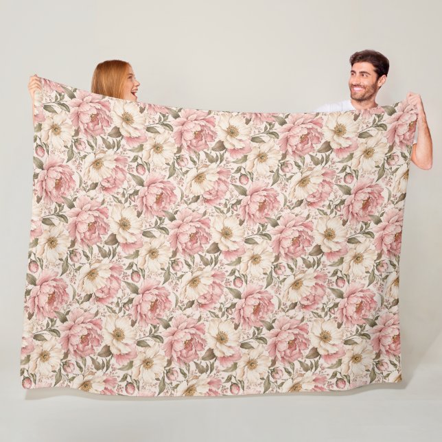 Vintage Blooming Peonies Pattern Fleece Blanket (In Situ)