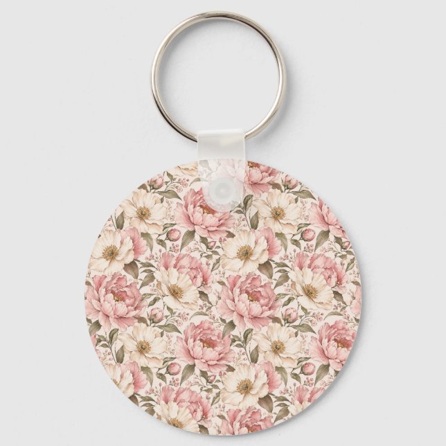 Vintage Blooming Peonies Pattern Key Ring (Front)