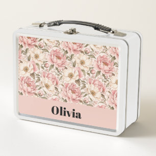 Vintage Blooming Peonies Pattern Metal Lunch Box
