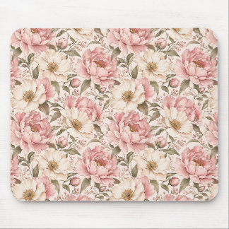 Vintage Blooming Peonies Pattern Mouse Pad