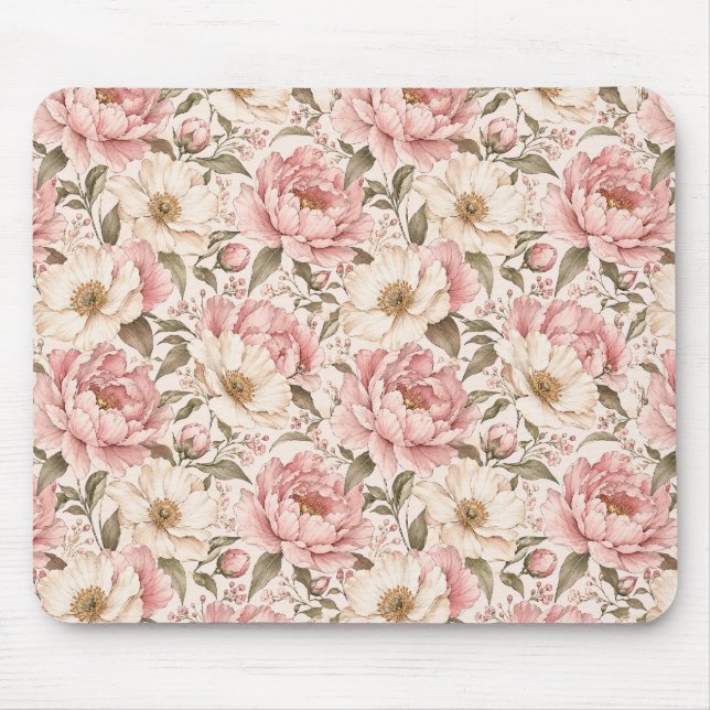 Vintage Blooming Peonies Pattern Mouse Pad (Front)