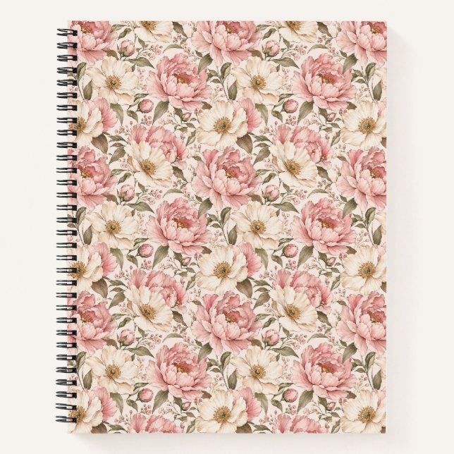 Vintage Blooming Peonies Pattern Notebook (Front)