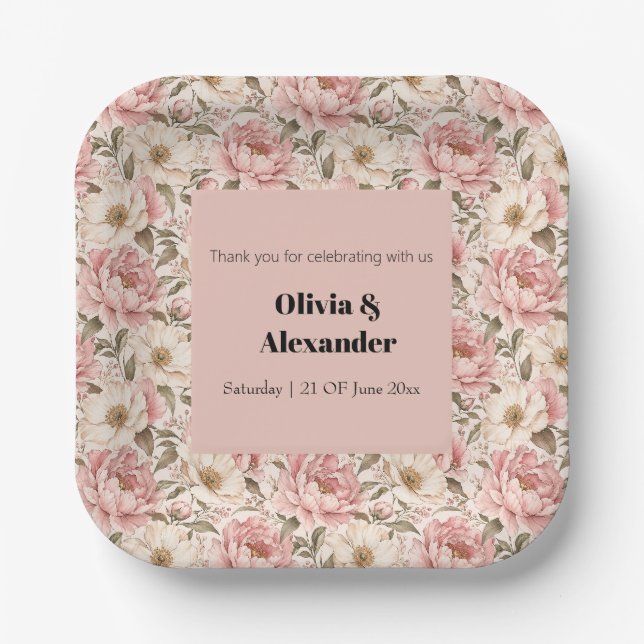 Vintage Blooming Peonies Pattern Paper Plate (Front)