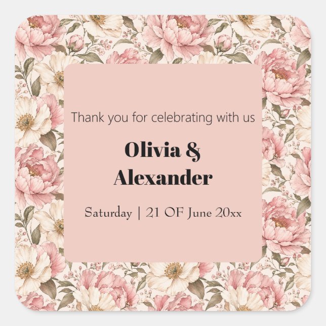 Vintage Blooming Peonies Pattern Square Sticker (Front)