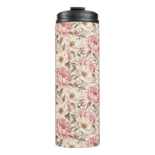 Vintage Blooming Peonies Pattern Thermal Tumbler