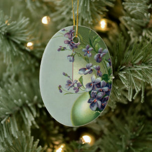 Vintage Blooming Purple Flowers in an Easter Egg Ceramic Ornament