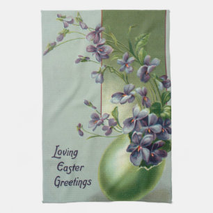 Vintage Blooming Purple Flowers in an Easter Egg Tea Towel