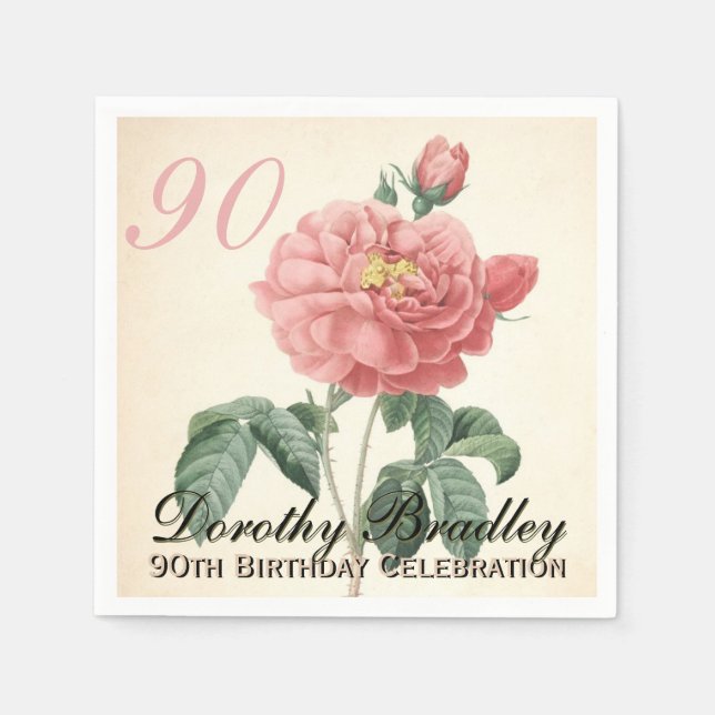 Vintage Blooming Rose 90th Birthday Party PN Napkin (Front)