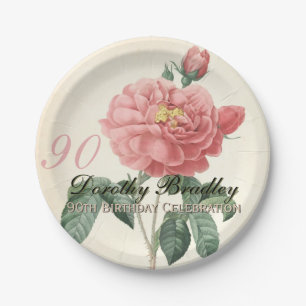 Vintage Blooming Rose 90th Birthday Party PP Paper Plate