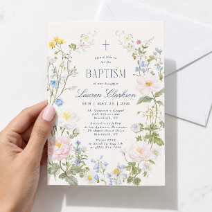 Vintage Blooming Wildflowers Baptism Invitation