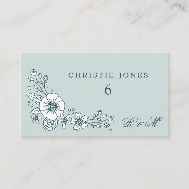 Vintage Blooms Floral Wedding Place Card - Teal (Front)