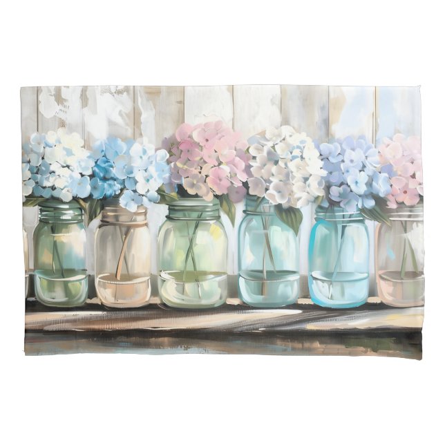 Vintage Blossom Hydrangea Mason Jars Pillowcase (Front)