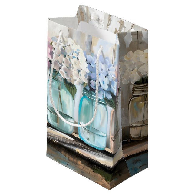 Vintage Blossom Hydrangea Mason Jars Small Gift Bag (Front Angled)