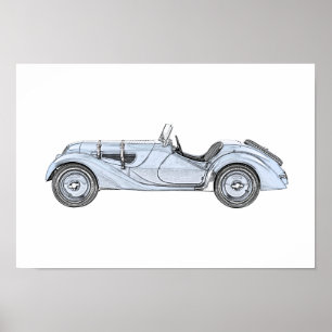 Vintage Blue 1936 BMW 328 Pencil Style Drawing Poster