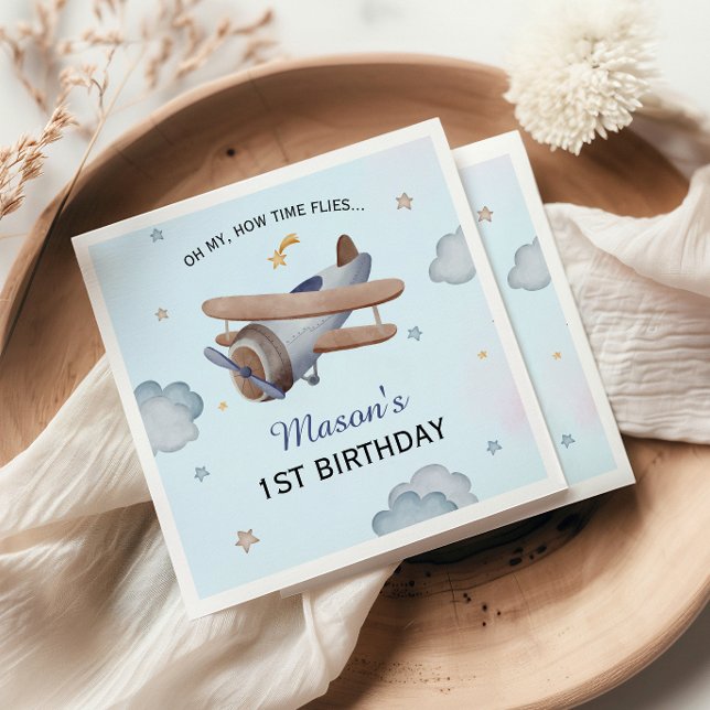 Vintage Blue Airplane Sky 1st Birthday Party Napkin (Creator Uploaded)