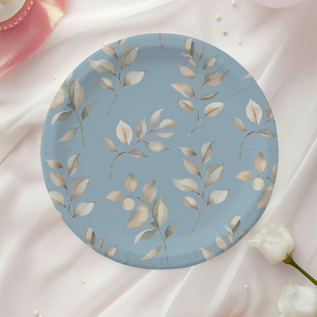 Vintage Blue and Beige Leaves Paper Plate (Vintage Blue and Beige Leaves Paper Plates on a table with a white rose.)